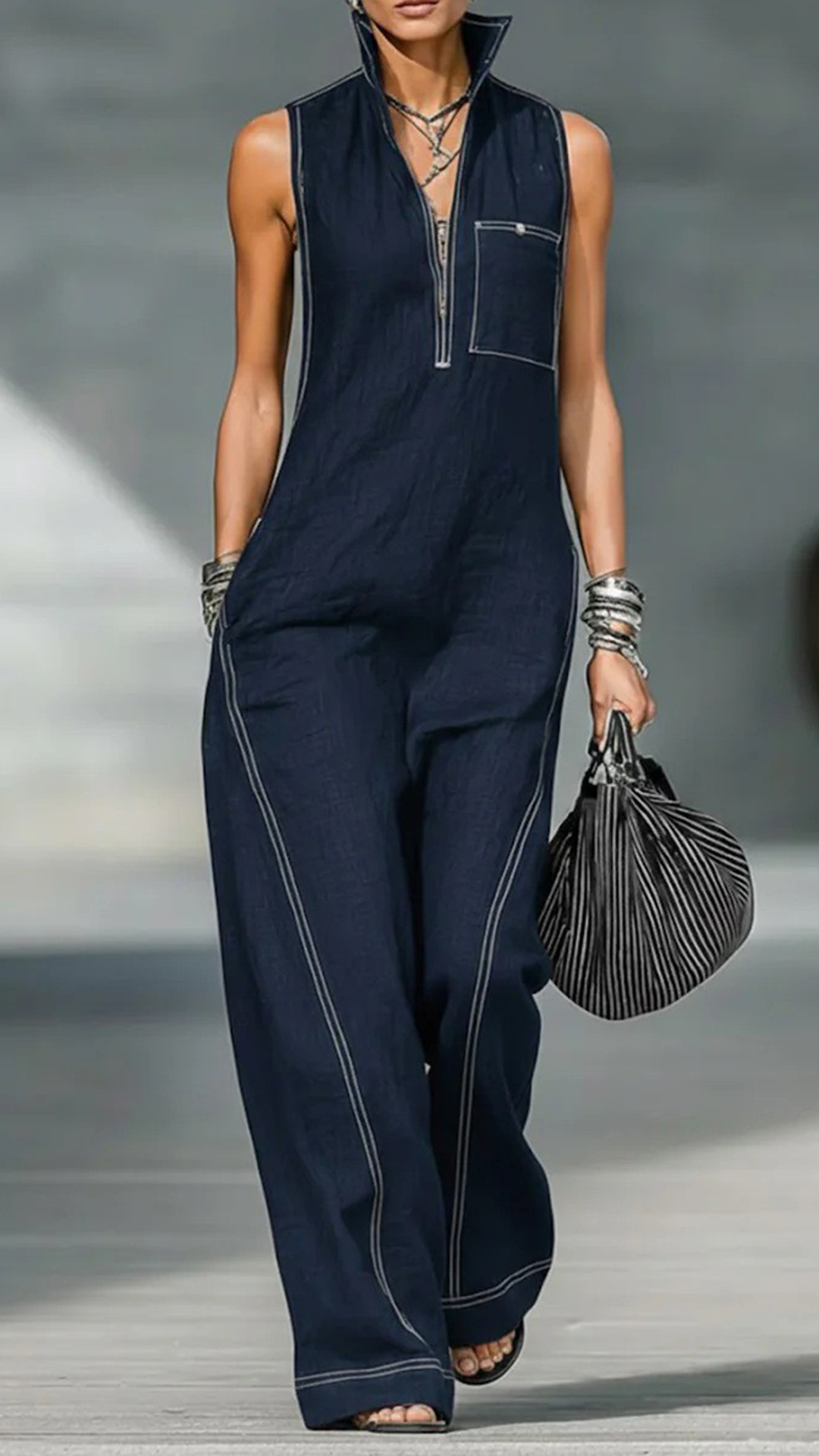 Women's Cotton-Blend Stitched Detail Sleeveless Wide-Leg Jumpsuit