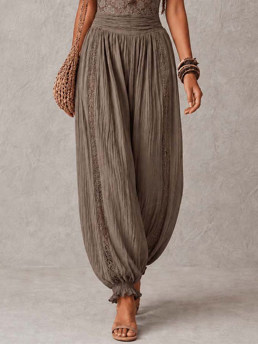 Bohemian Taupe Lace Bustier And Crinkle Cotton Harem Pants Set Jumpsuit