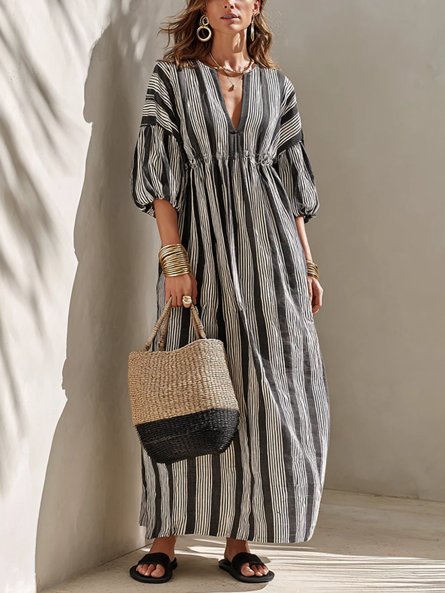 Black And White Striped Linen-Blend V-Neck Puff-Sleeve Maxi Dress