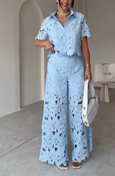 Hollow Lace Short Sleeve Shirt & Wide-Leg Pants Two-Piece Set