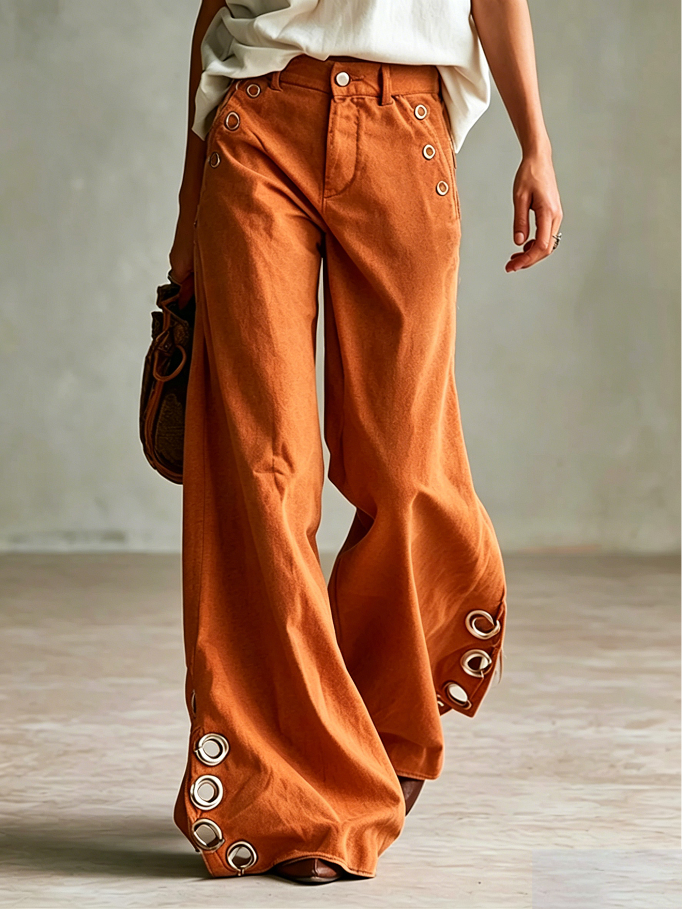 Versatile Retro Style With Metal Eyelets Caramel-colored Wide-leg Trousers