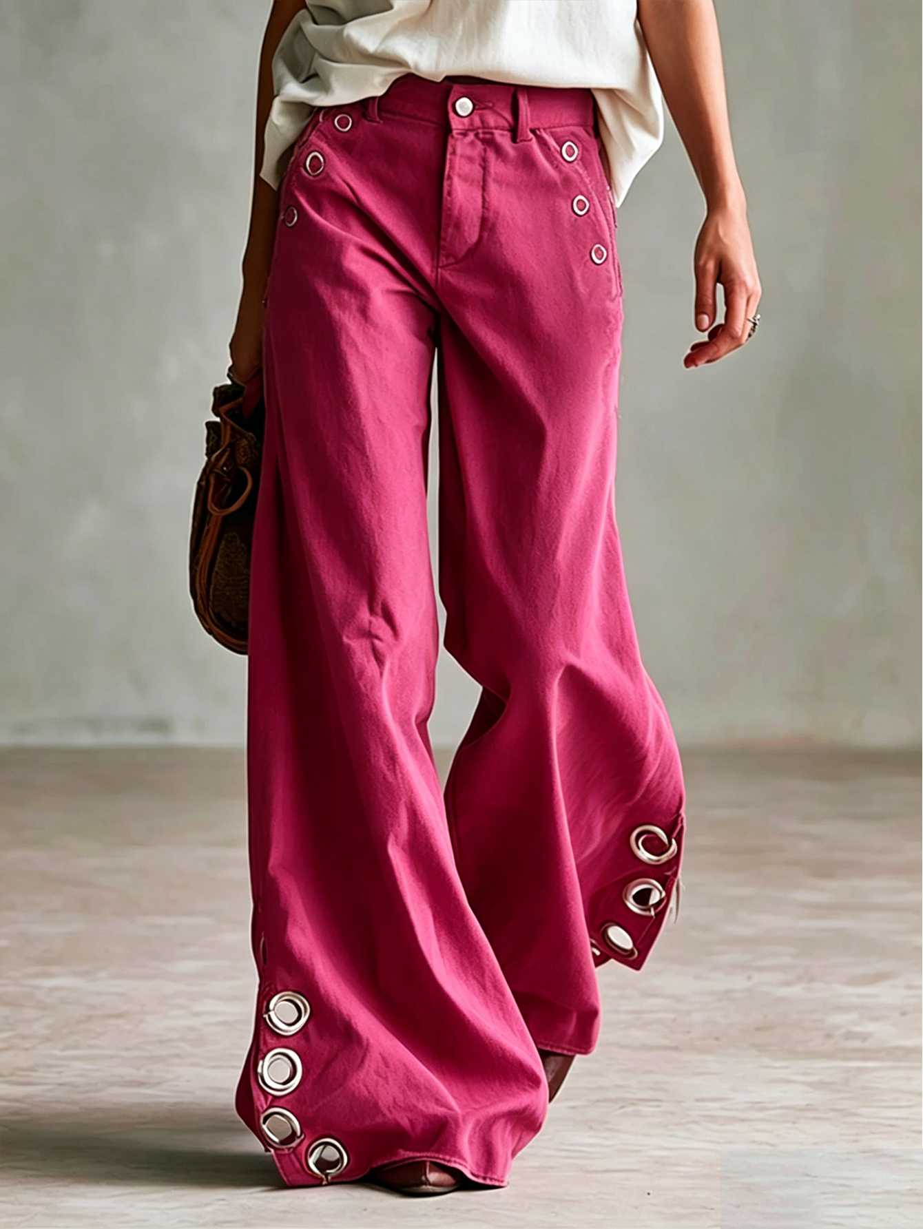 Versatile Retro Style With Metal Eyelets Caramel-colored Wide-leg Trousers