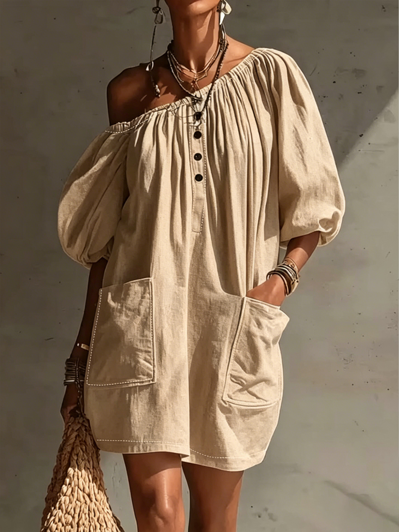 Off-Shoulder Puff Sleeve Mini Dress – Button Front Loose Fit Pocket Dress