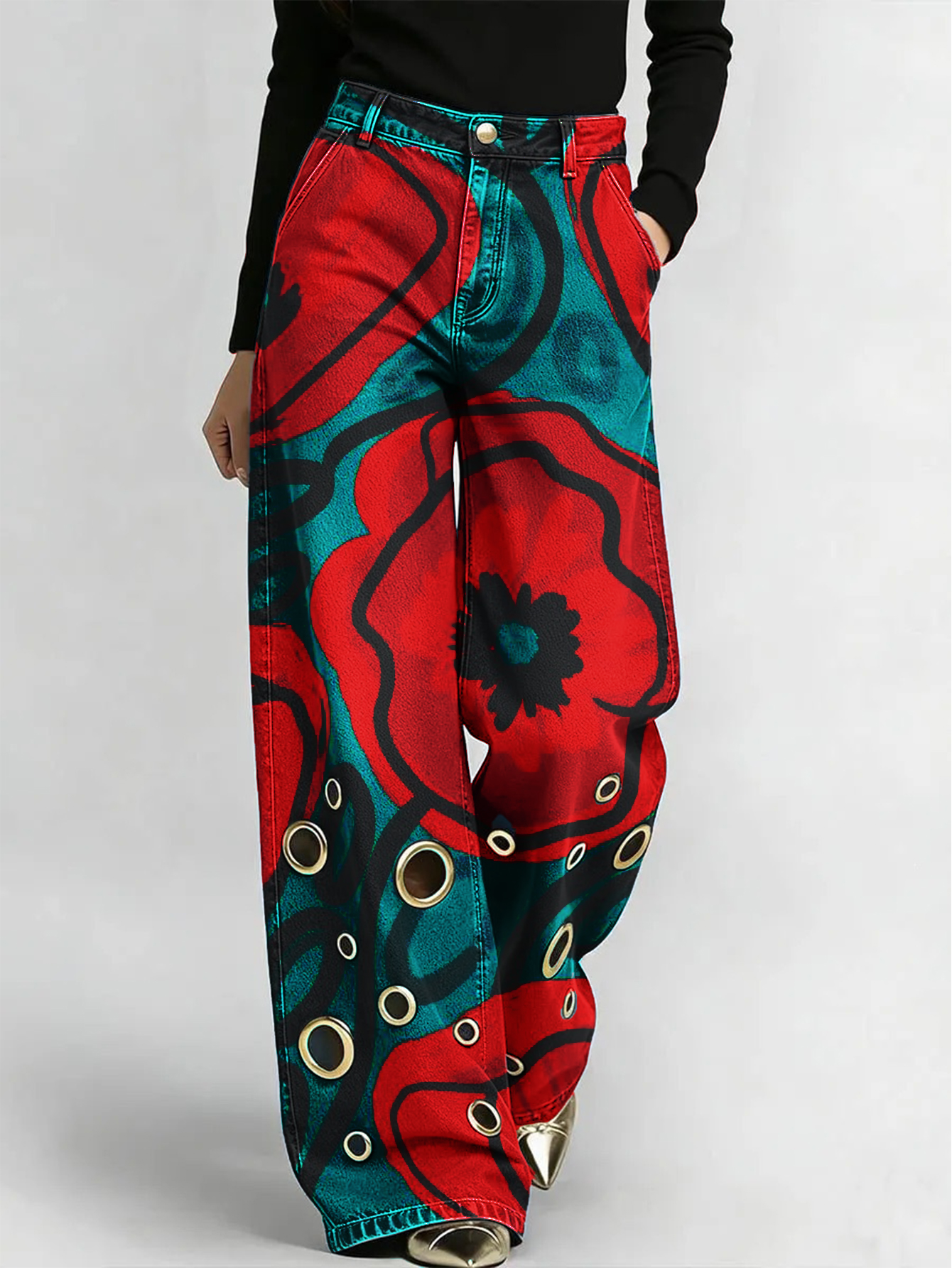 Vintage Floral Print Wide Leg Jeans – High Waist Loose Fit Eyelet Detail Denim Pants