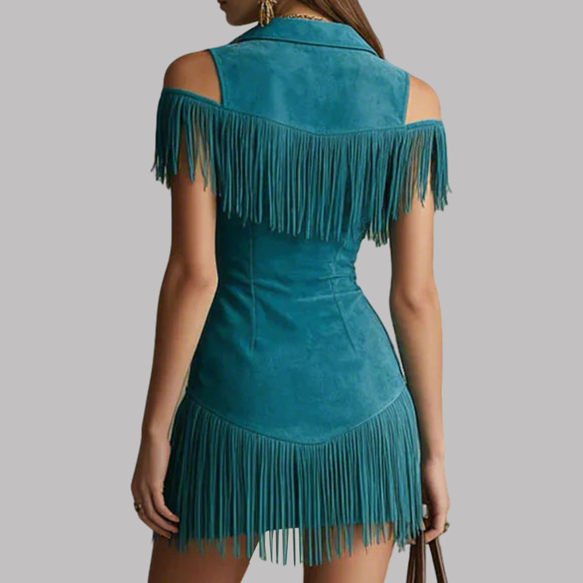 Women's Cold Shoulder Turndown Collar Fringe Trim Zipper Bodycon Mini Dress