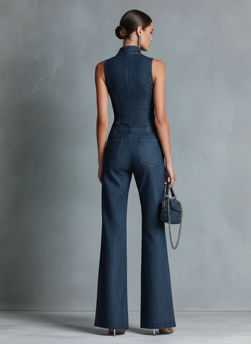 Women's Retro Style Dark Blue Denim Sleeveless High-Neck Flared Jumpsuit With Front Zipper