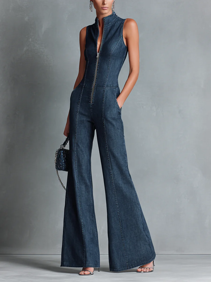 Women's Retro Style Dark Blue Denim Sleeveless High-Neck Flared Jumpsuit With Front Zipper