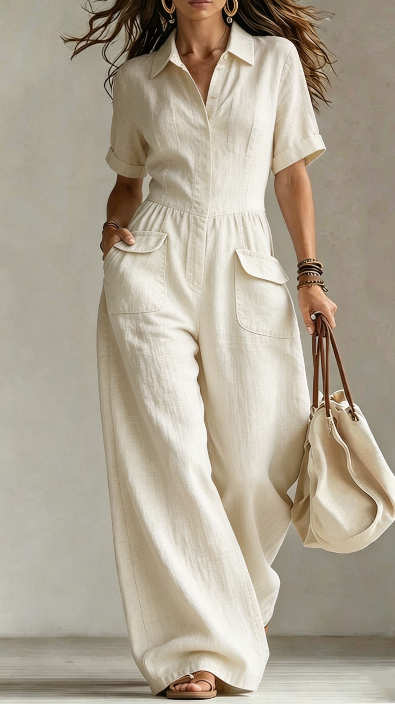 Women's cotton and linen loose sleeveless suspender jumpsuit