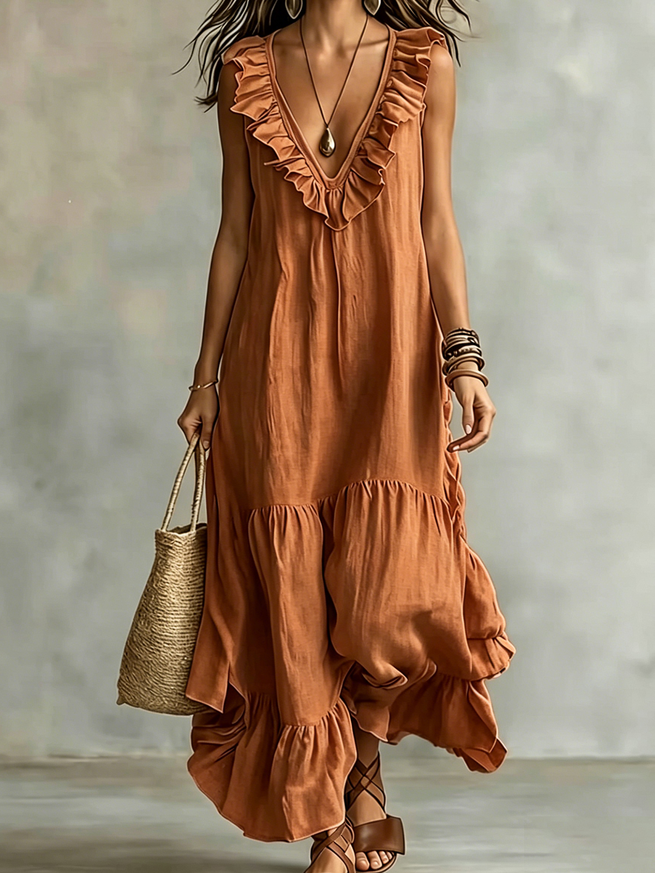 Ruffle Trim V-Neck Maxi Dress – Sleeveless Loose Fit Flowy Vacation Dress