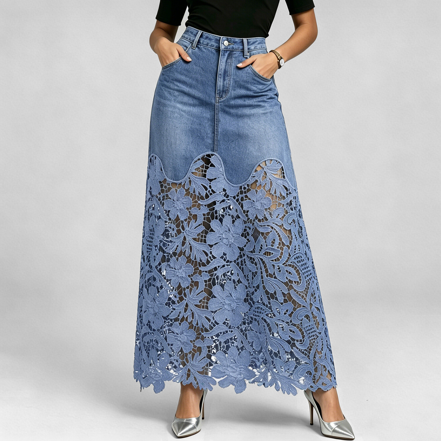 Women's Cutout Openwork Lace Patchwork Pocket High Waisted Denim Maxi Skirt