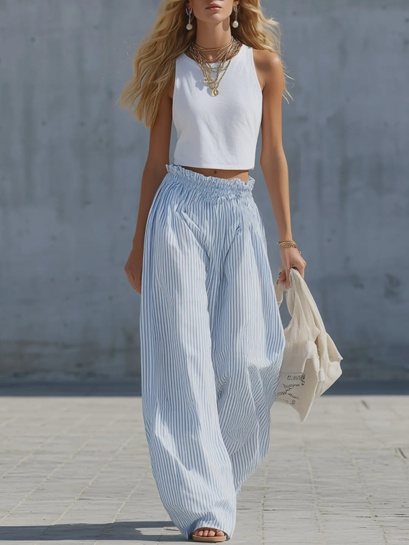 Stylish Casual White Cotton Tank Top And Blue Striped Pants Set