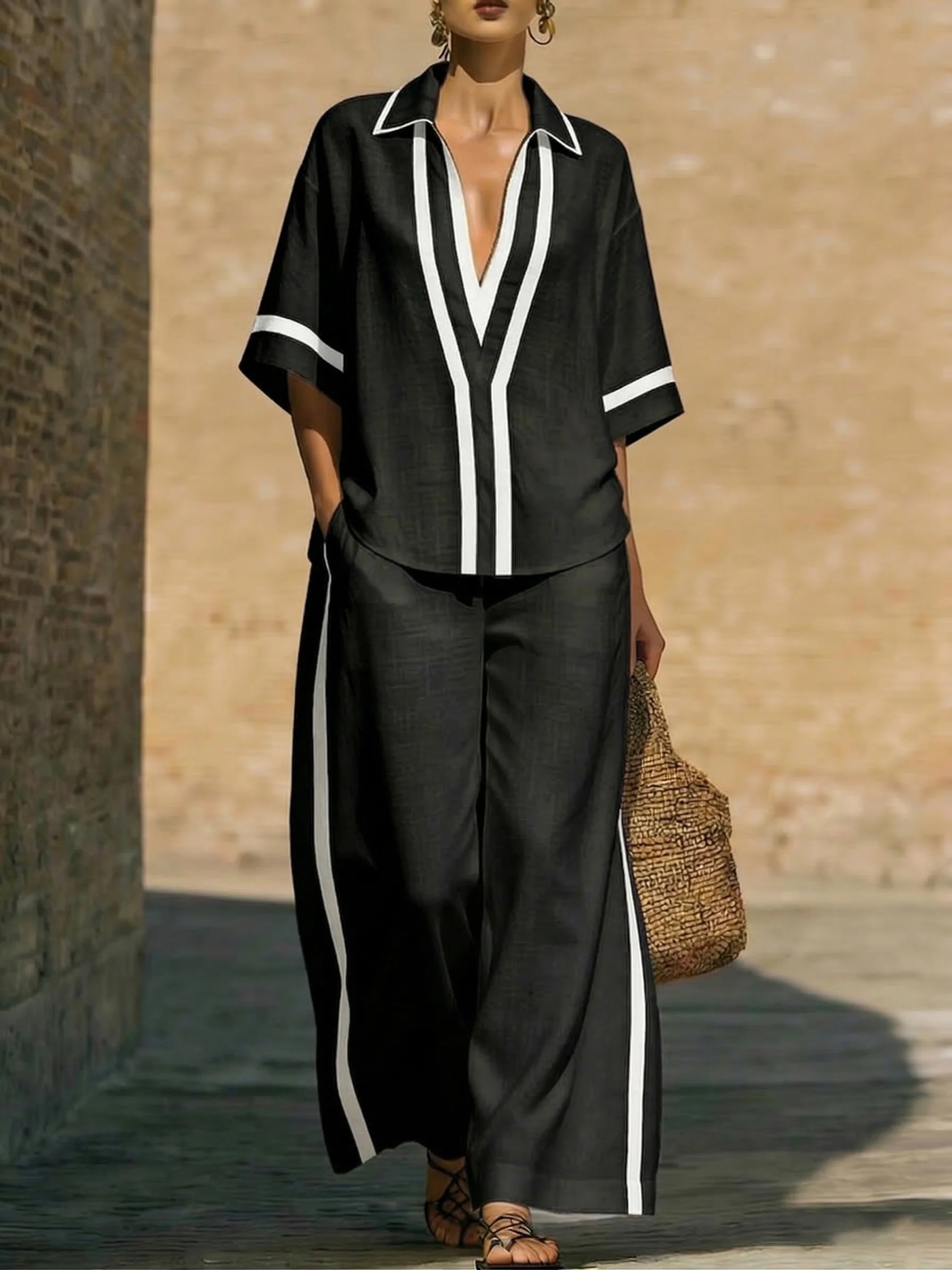 Contrast Trim V-Neck Shirt & Wide-Leg Pants Set