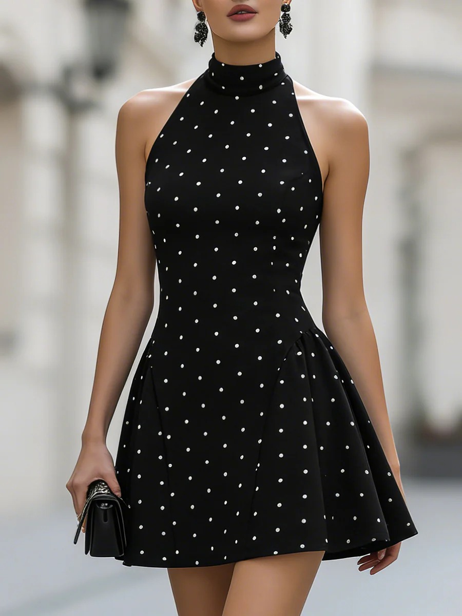 Polka Dot Halter Neck Fit & Flare Mini Dress