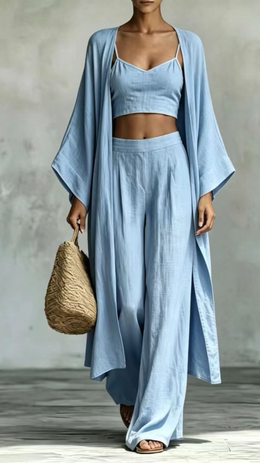 Chic Spaghetti Strap Crop Tank & High Waist Wide Leg Pants With Long Open Kimono Three-Piece Matching Set