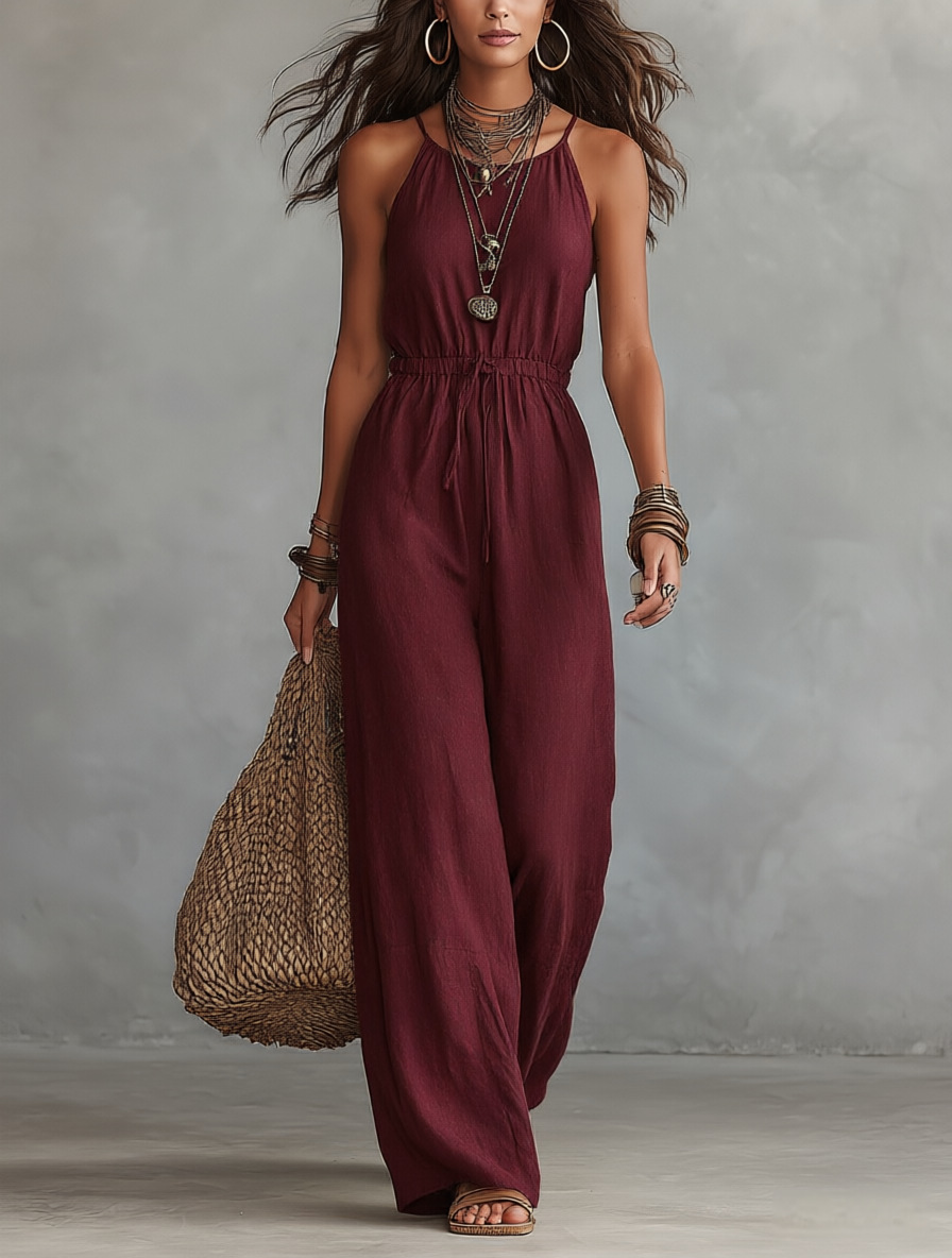 Taupe Spaghetti-Strap Drawstring Waist Wide-Leg Jumpsuit
