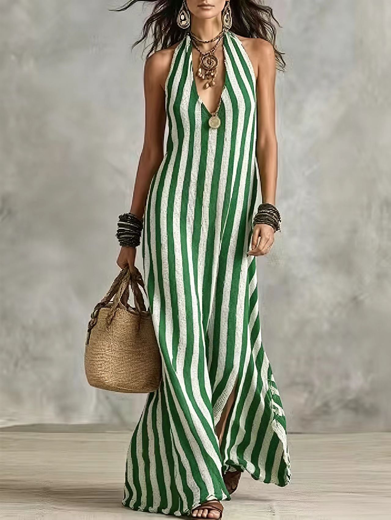 Relaxed Bohemian Stripe Halter Knit Maxi Dress