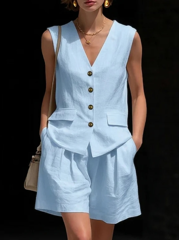 V-Neck Button Linen Vest & Shorts Two-Piece Set