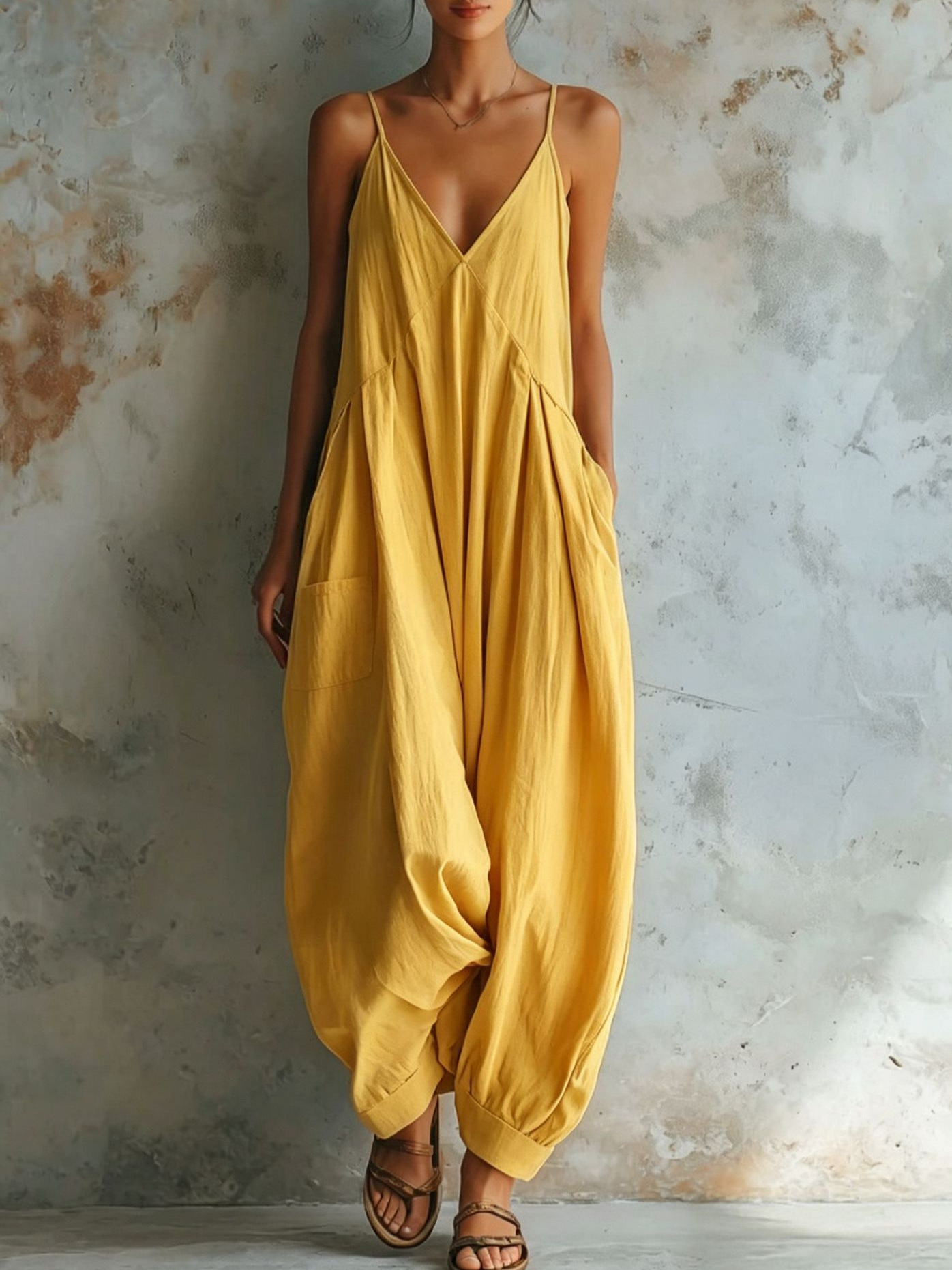 Spaghetti Strap V-Neck Loose-Fit Jumpsuit