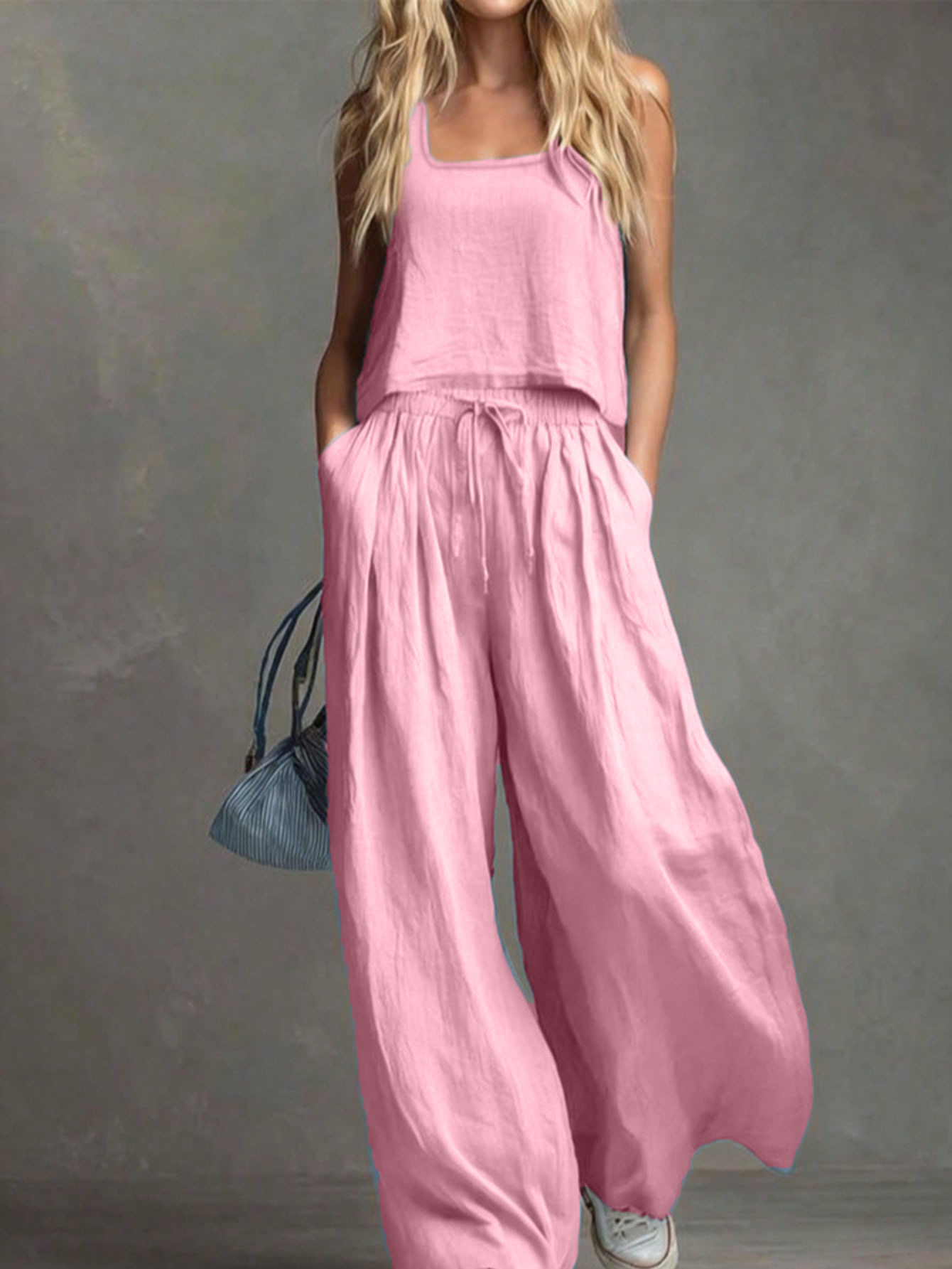 Square Neck Linen-Blend Two-Piece Wide-Leg Set