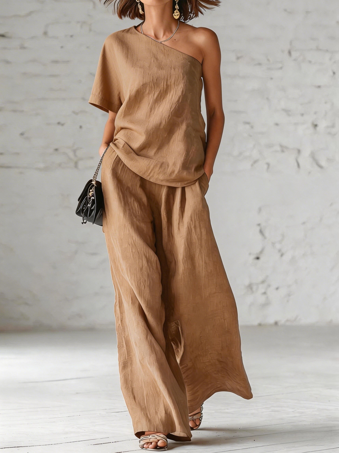 Asymmetric Off-Shoulder Linen-Blend Two-Piece Set