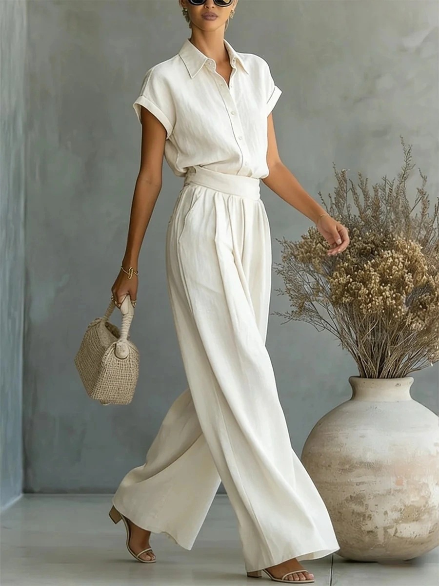 Cuffed Short Sleeve Lapel Collar Button Down Shirt & High Waist Pleated Wide Leg Maxi Skirt Two Piece Matching Set