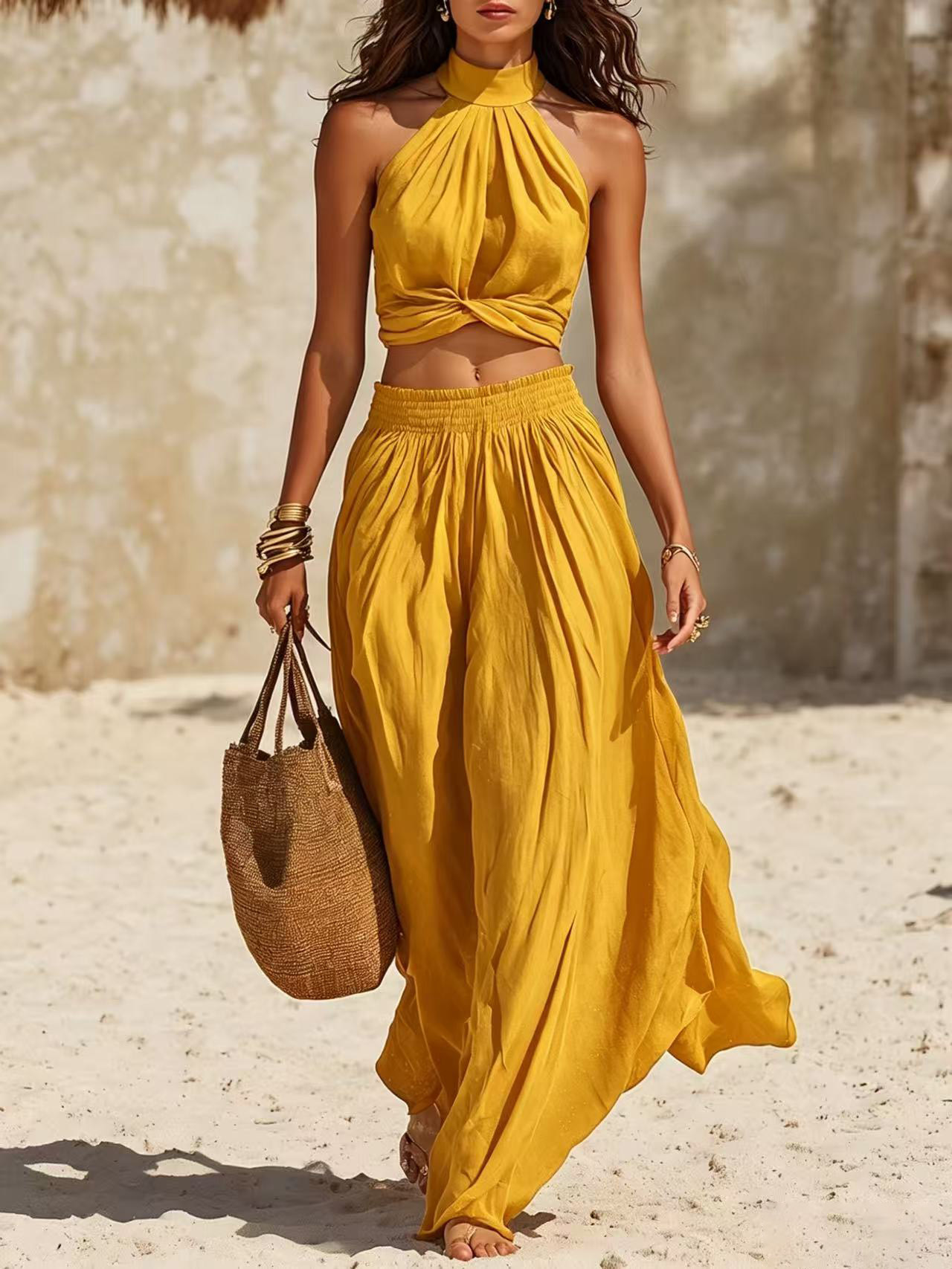 Halter Crop Top & Flowy Maxi Skirt Two-Piece Set