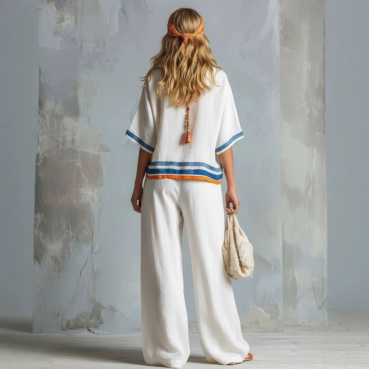 Striped Trim Short Sleeve Loose Top & Side Panel Wide Leg Pants Two Piece Matching Set