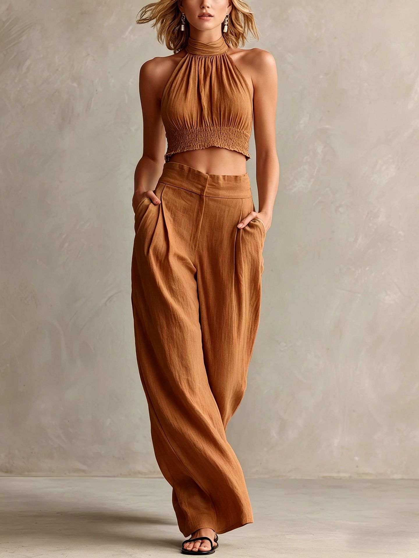 Linen-Look Halter Crop Top & High-Waist Wide-Leg Pants Two-Piece Set