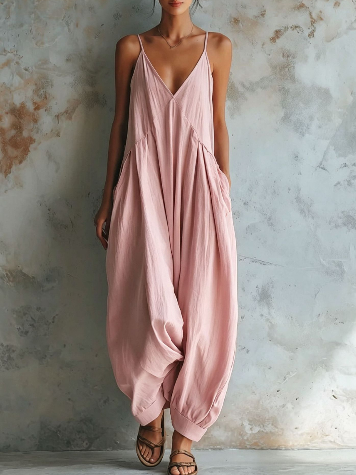 Spaghetti Strap V-Neck Loose-Fit Jumpsuit