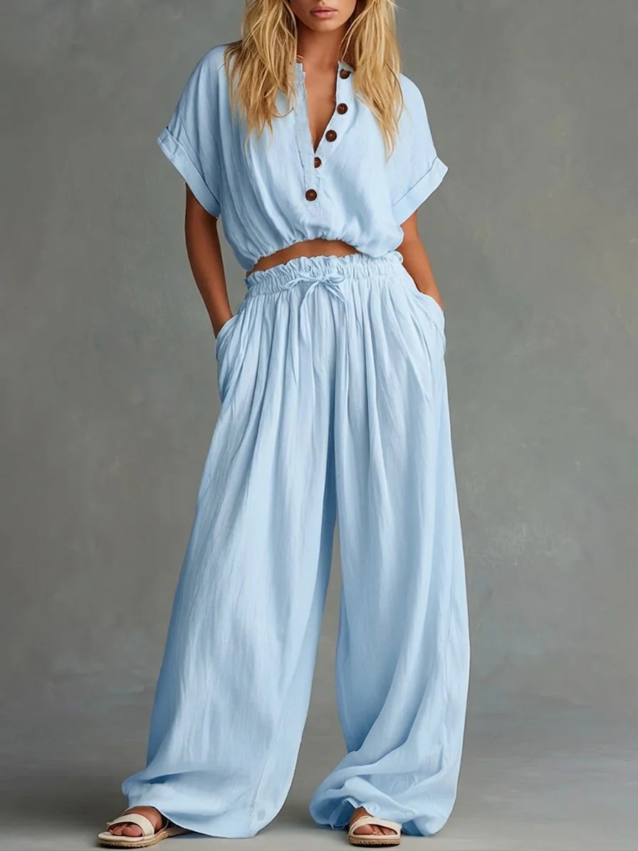Button-Front Linen-Blend Two-Piece Wide-Leg Set