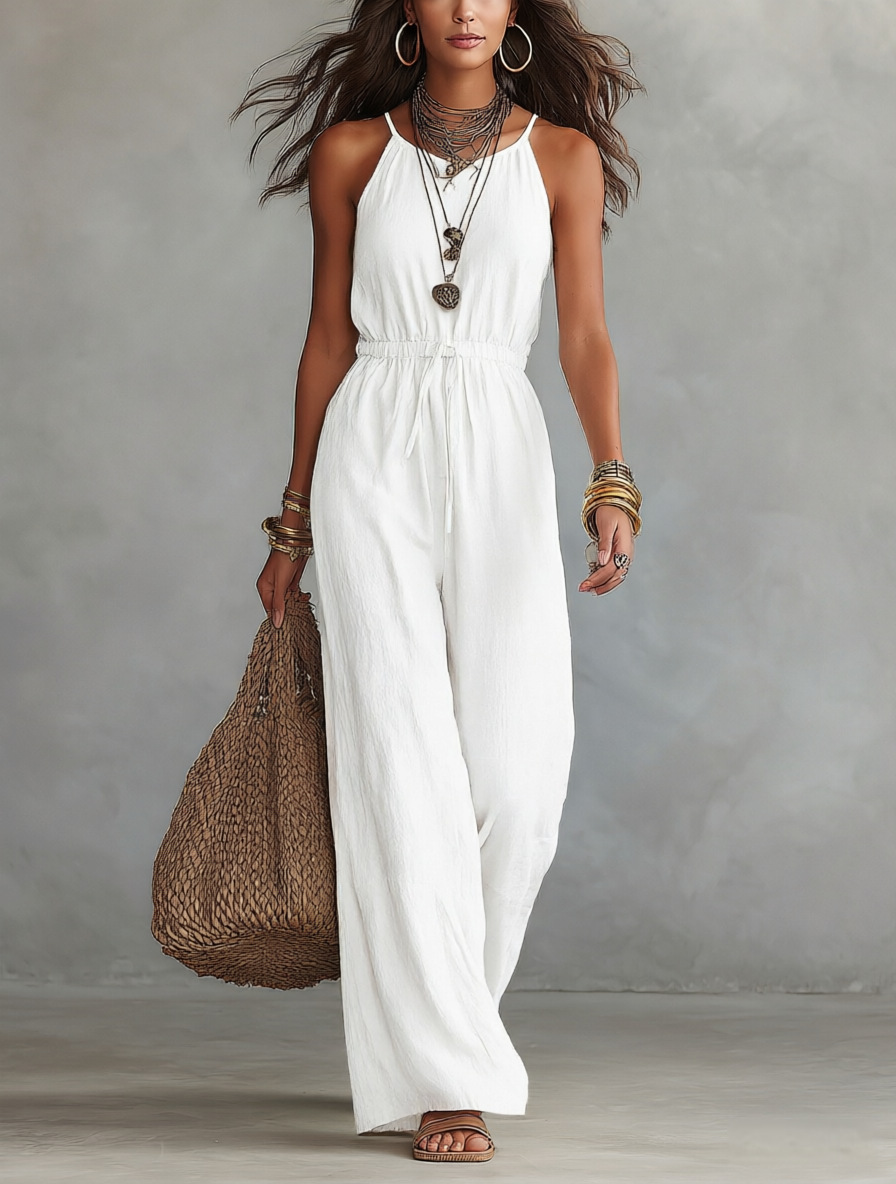 Taupe Spaghetti-Strap Drawstring Waist Wide-Leg Jumpsuit