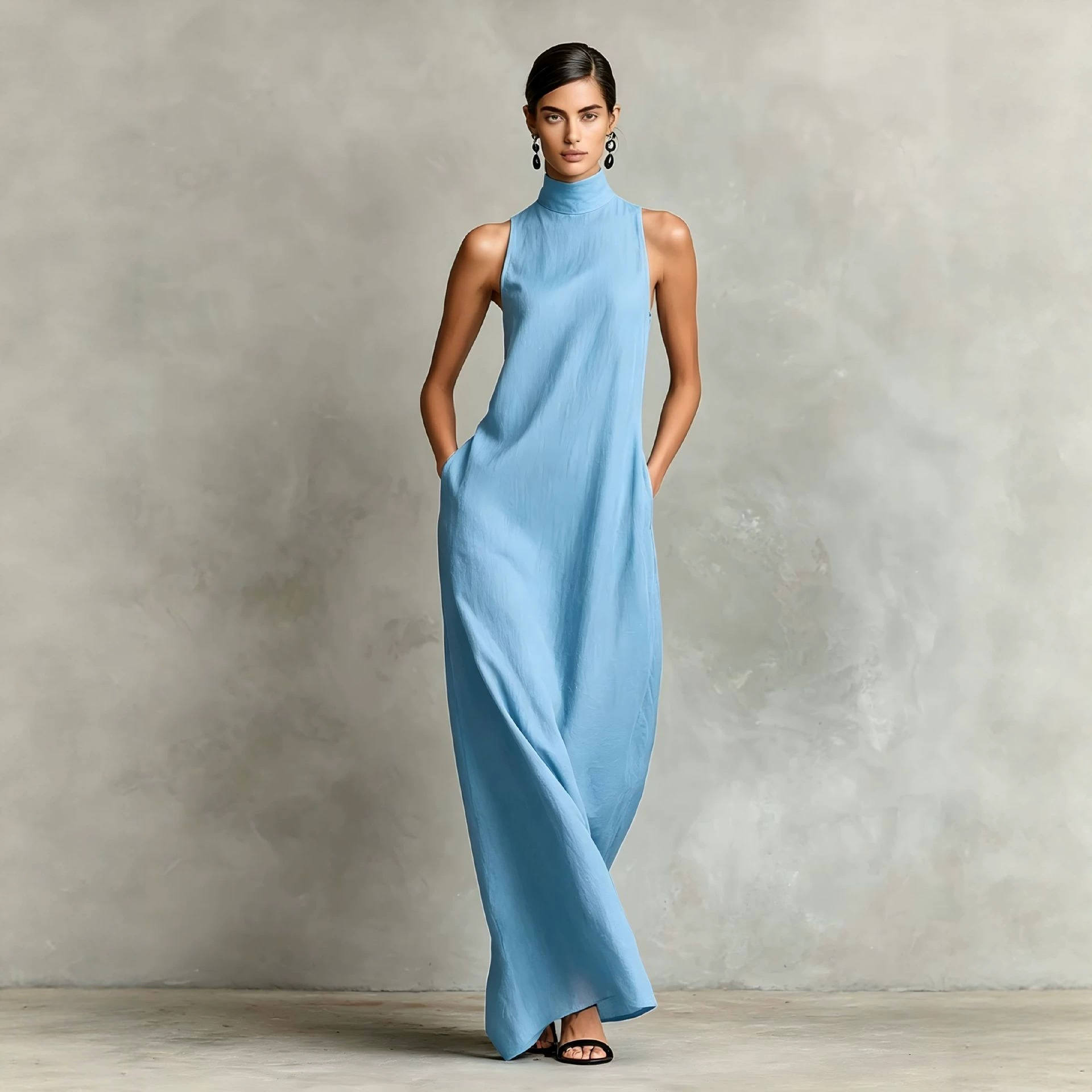 Women's Black Linen-Blend Maxi Dress With High Neck & Side Pockets, Timeless Minimalist Casual Dress