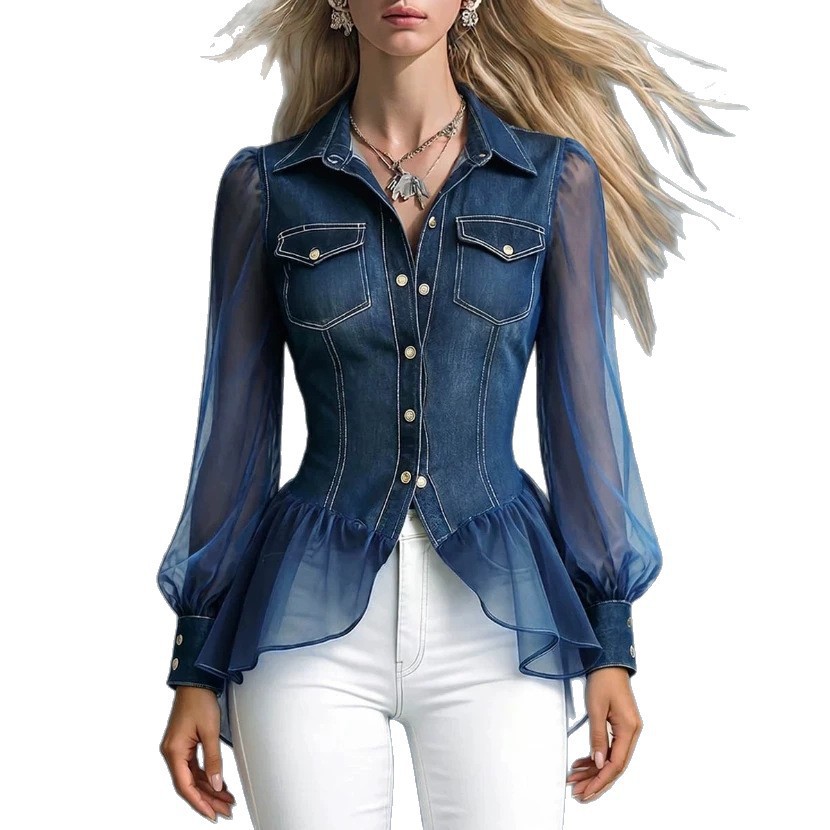 Women's Denim Patchwork Organza See Through Puff Sleeve Button Pockets Peplum Blouse