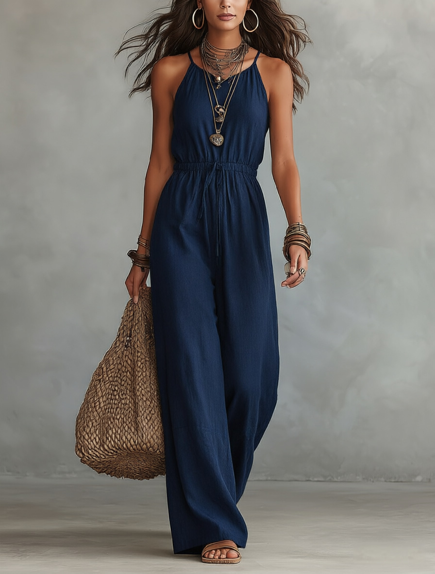 Taupe Spaghetti-Strap Drawstring Waist Wide-Leg Jumpsuit