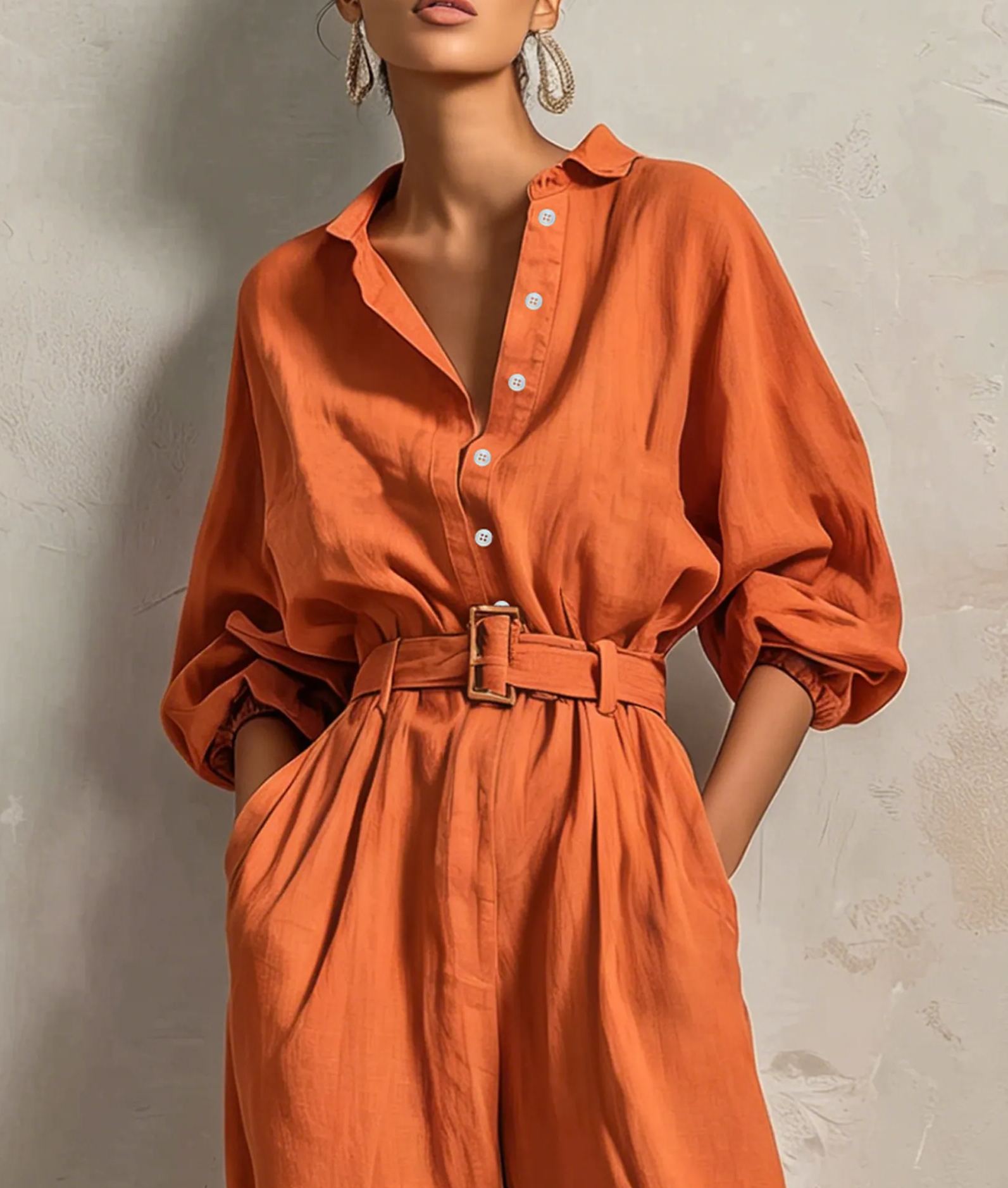 Women's Minimalist Cotton-Linen Jumpsuit With Belt — Wide-Leg Trousers And Mid-Length Sleeves MDZ2965E9ZJW