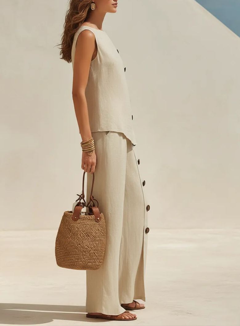 Minimalist Vacation Sleeveless Top And Wide-Leg Pants Oatmeal Cotton-Linen Set