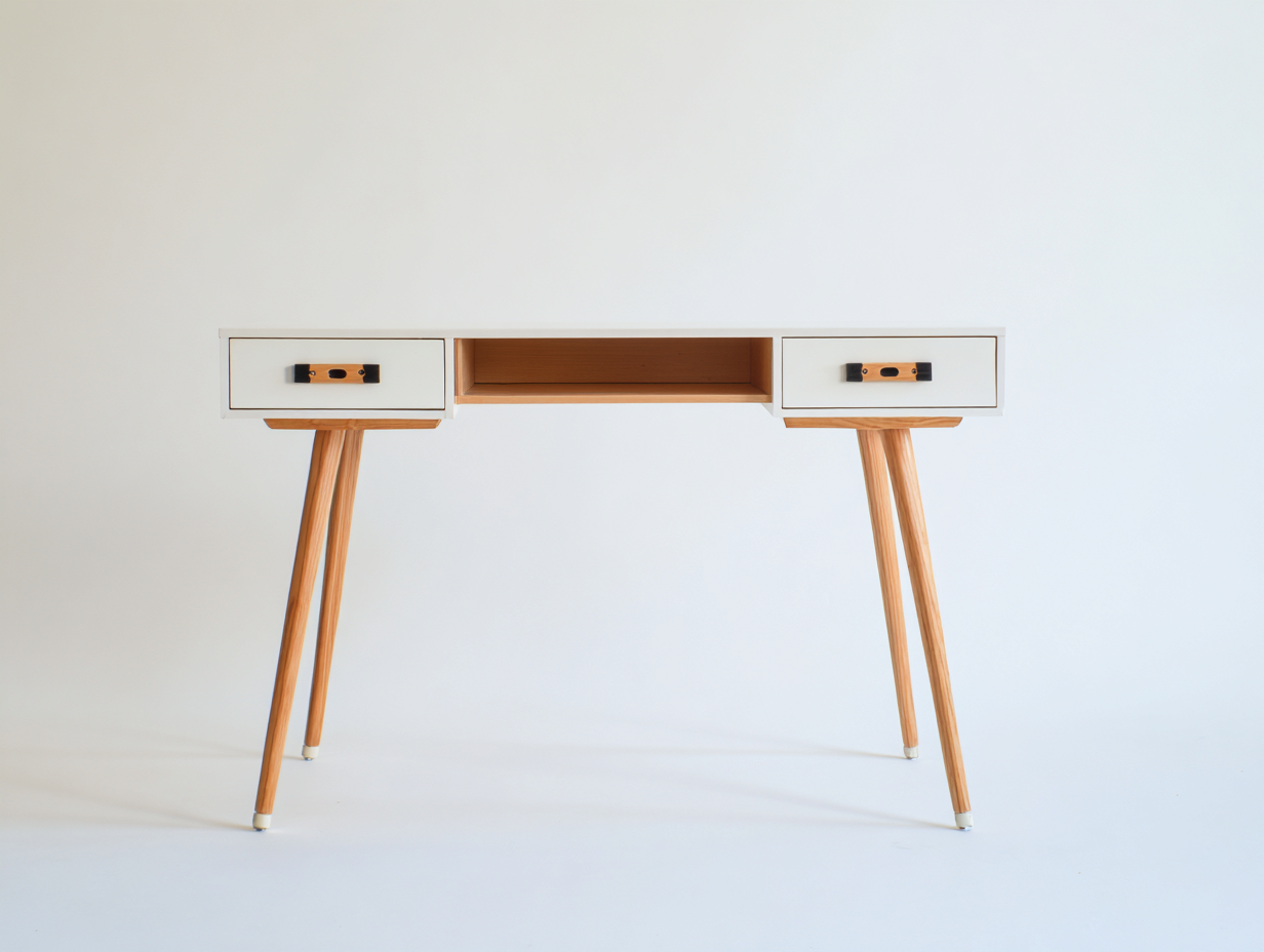 Schreibtisch - Holz-Holzwerkstoff-Metall - 115x48x77 cm - Weiß-Natur-Schwarz - Mid-Century-Hadormahaus