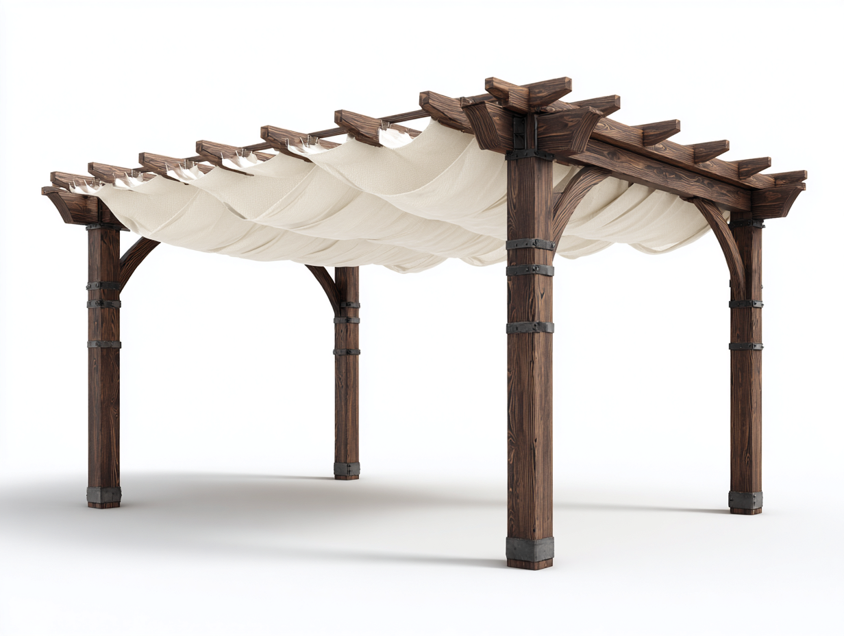 Pergolas et tonnelles - Bois-Textile-Métal - 430x305x245 cm - Marron foncé-Crème-Gris - Rustique-Nivexlyroom