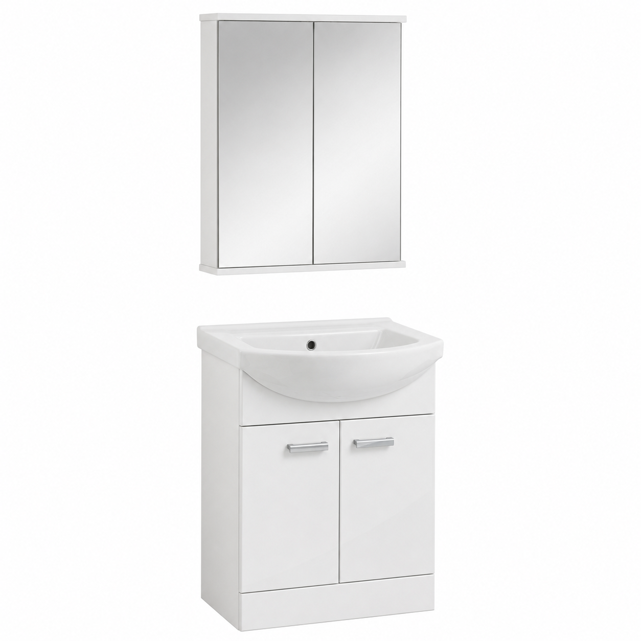 Badmöbel-Set Weiß Hochglanz 60 cm mit Keramikwaschbecken und Spiegelschrank-MontelleHome