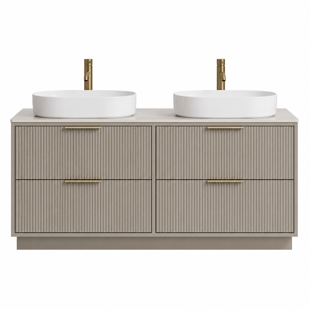 Badmöbel-Set Greige 120 cm mit gerillter Front und zwei Aufsatzbecken-MontelleHome