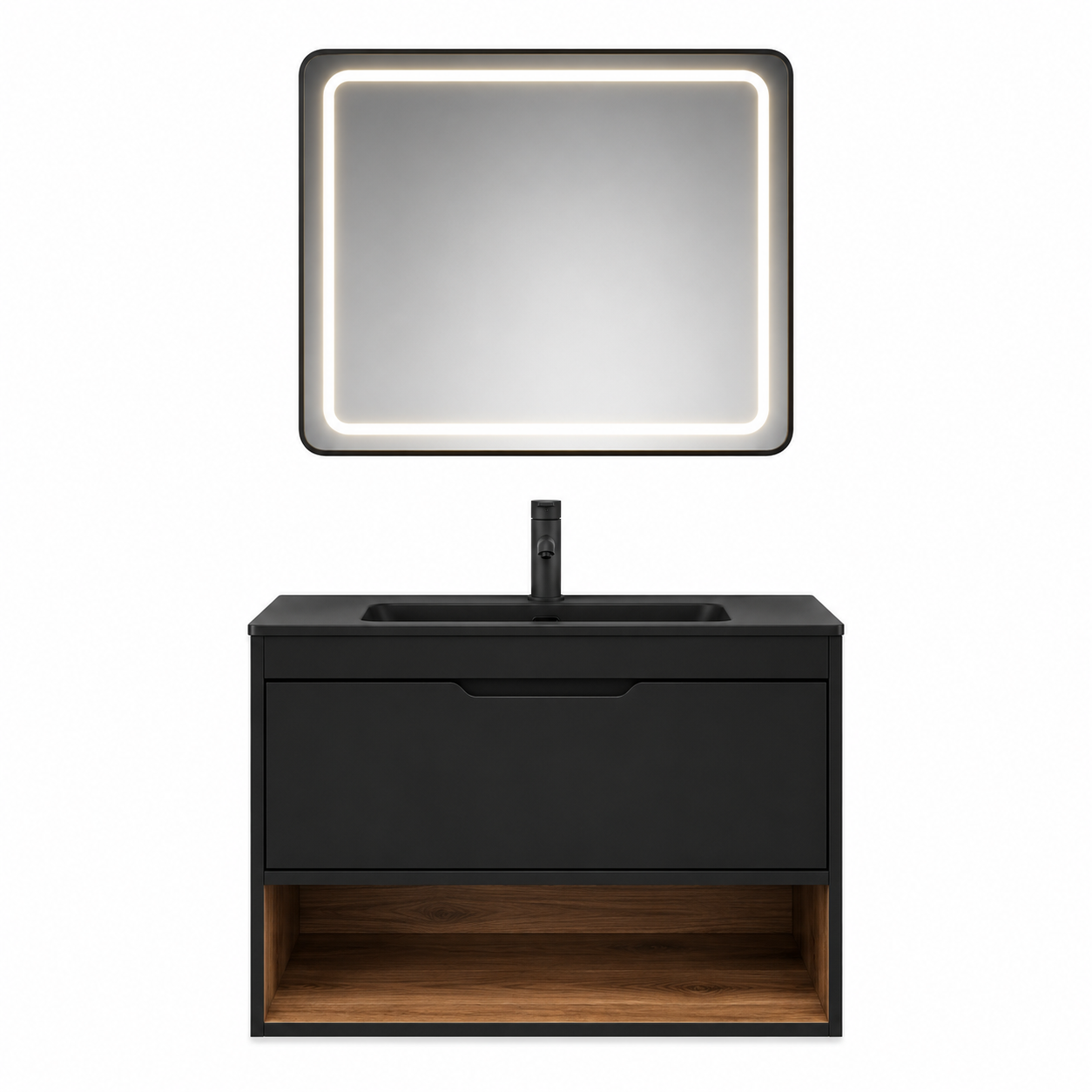 Badmöbel-Set Schwarz matt 70 cm mit Holzdekor-Ablage und beleuchtetem Spiegel-MontelleHome
