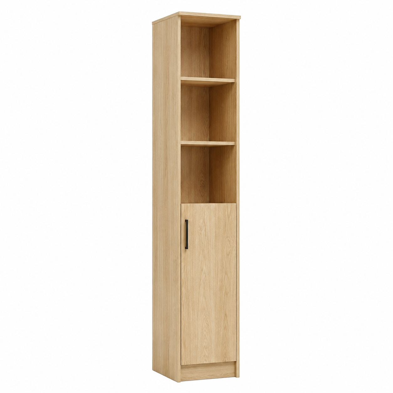 Schmaler Hochschrank Eiche hell 160 cm mit offenen Fächern und Tür-MontelleHome