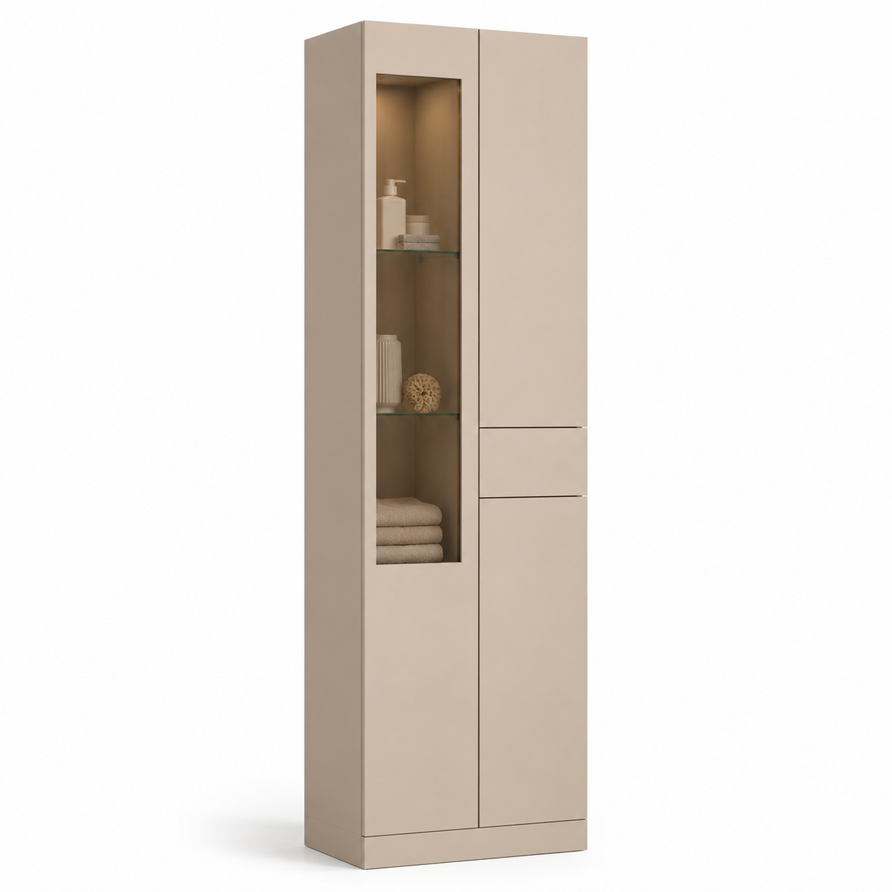 Hochschrank Sandbeige 190 cm mit Glaseinsatz und Soft-Close-Türen-MontelleHome
