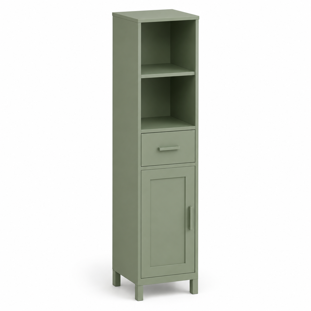 Badezimmer-Hochschrank Salbeigrün 150 cm mit Schublade und offenen Ablagen-MontelleHome