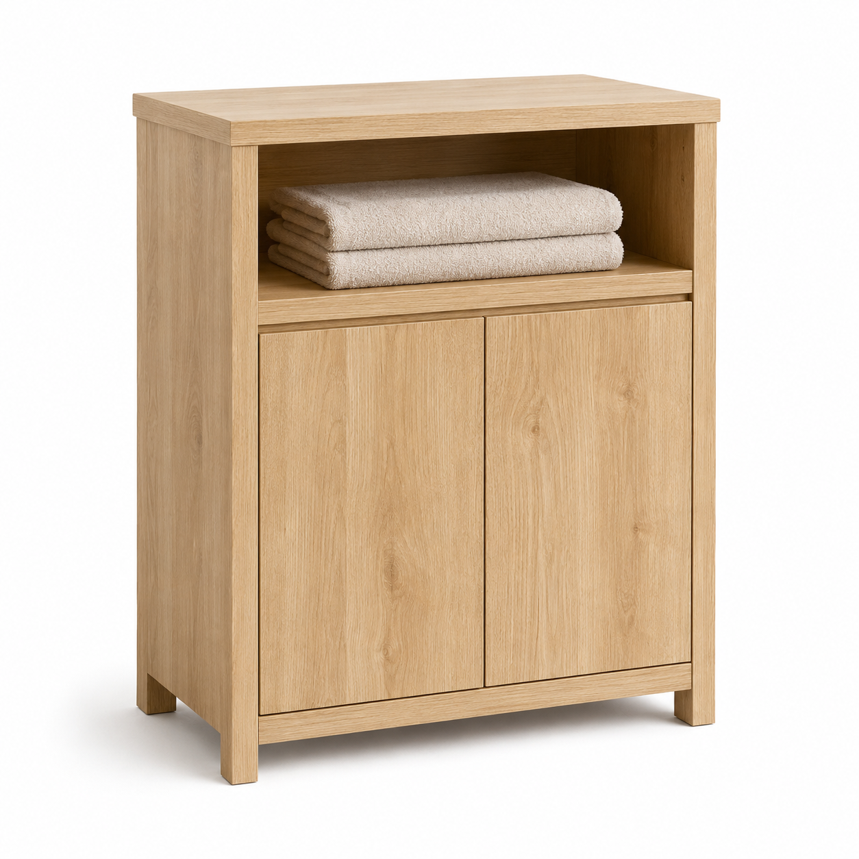 Bad-Midischrank Eiche hell 90 cm mit zwei Türen und offener Handtuchablage-MontelleHome