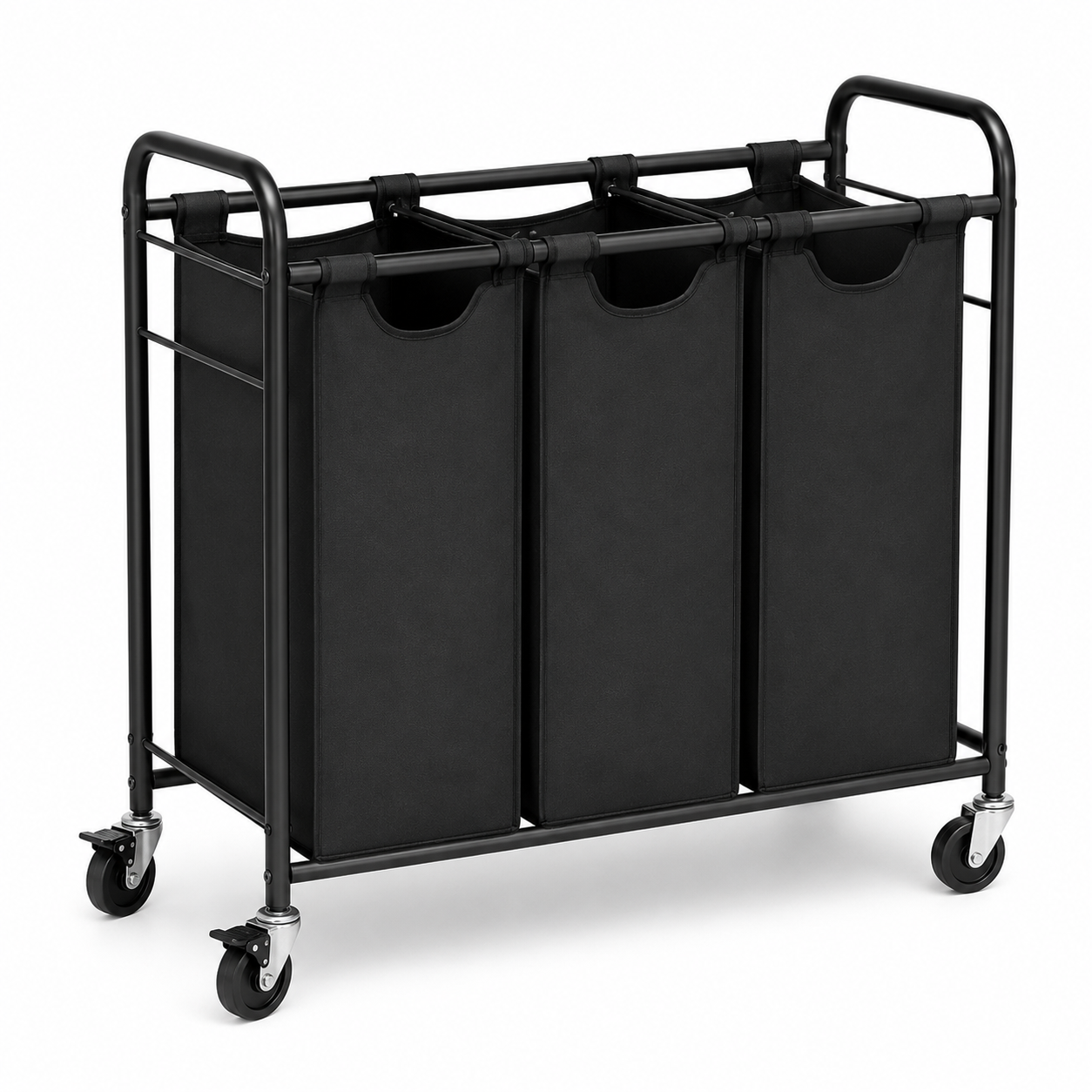 Rollbarer Wäschewagen Schwarz 3 Fächer mit Metallrahmen und herausnehmbaren Taschen-MontelleHome