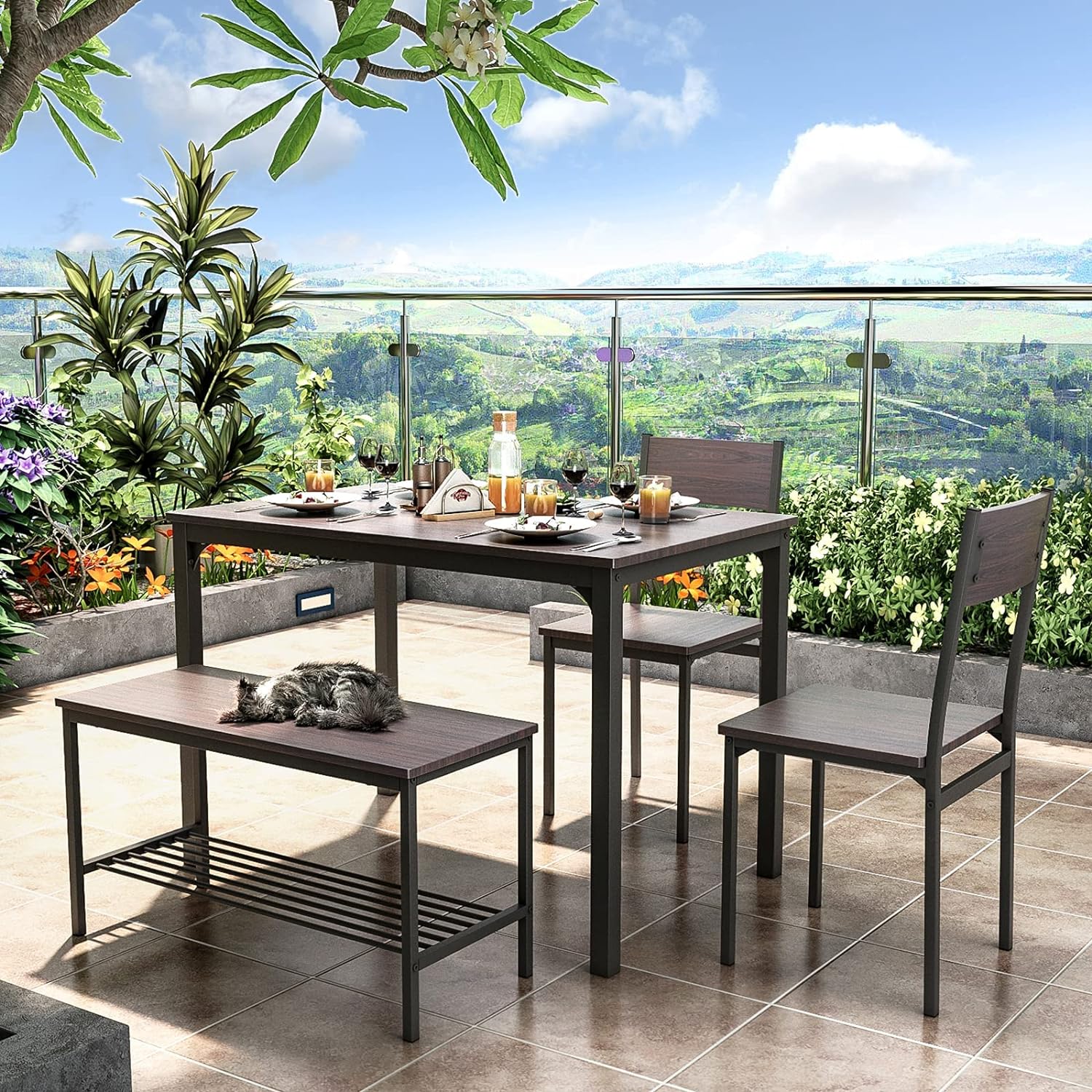 soges - Juego de mesa de comedor para 4 personas, juego de mesa de cocina de 43.5 pulgadas para sillas de 4,2 con respaldo, banco para 2 personas con estante de almacenamiento, juego de muebles para comedor y restaurante, roble rústico-trapo
