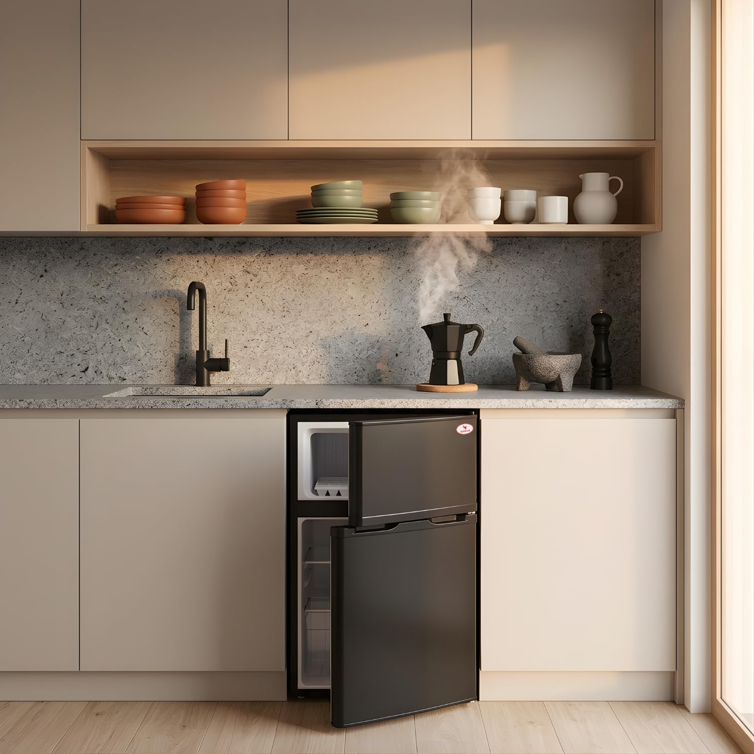 JOLBIRD Frigobar Minibar 80L con Congelador Compacto Silencioso Temperatura Ajustable Bajo Consumo 110V Ideal para Oficina Recámara Hotel y Negocio Enfriador de Bebidas y Alimentos (Negro)