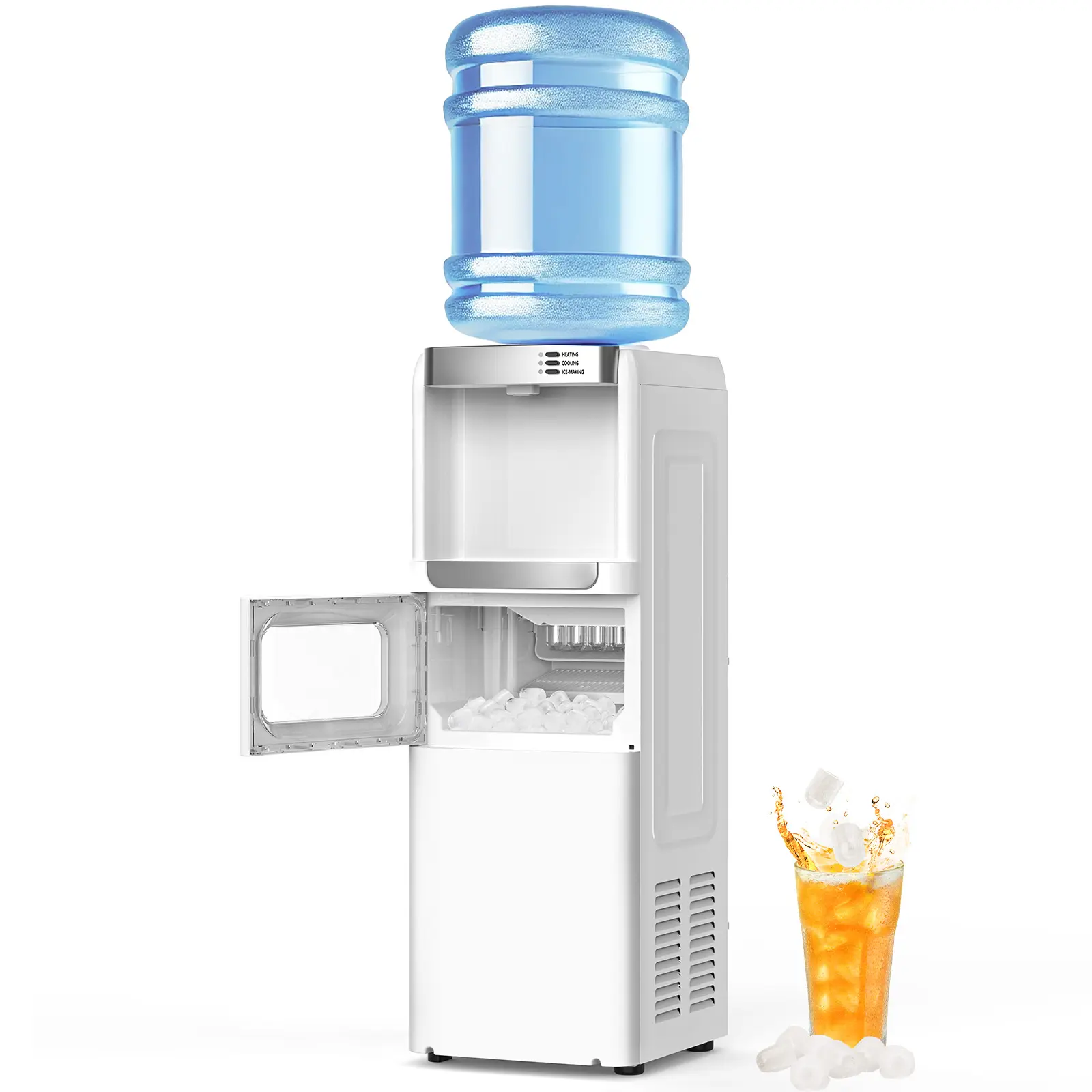 Dispensador de agua con función de fabricación de hielo, enfriador de agua fría y caliente de carga superior para botellas de 5 galones — Incluye seguro de seguridad para niños.