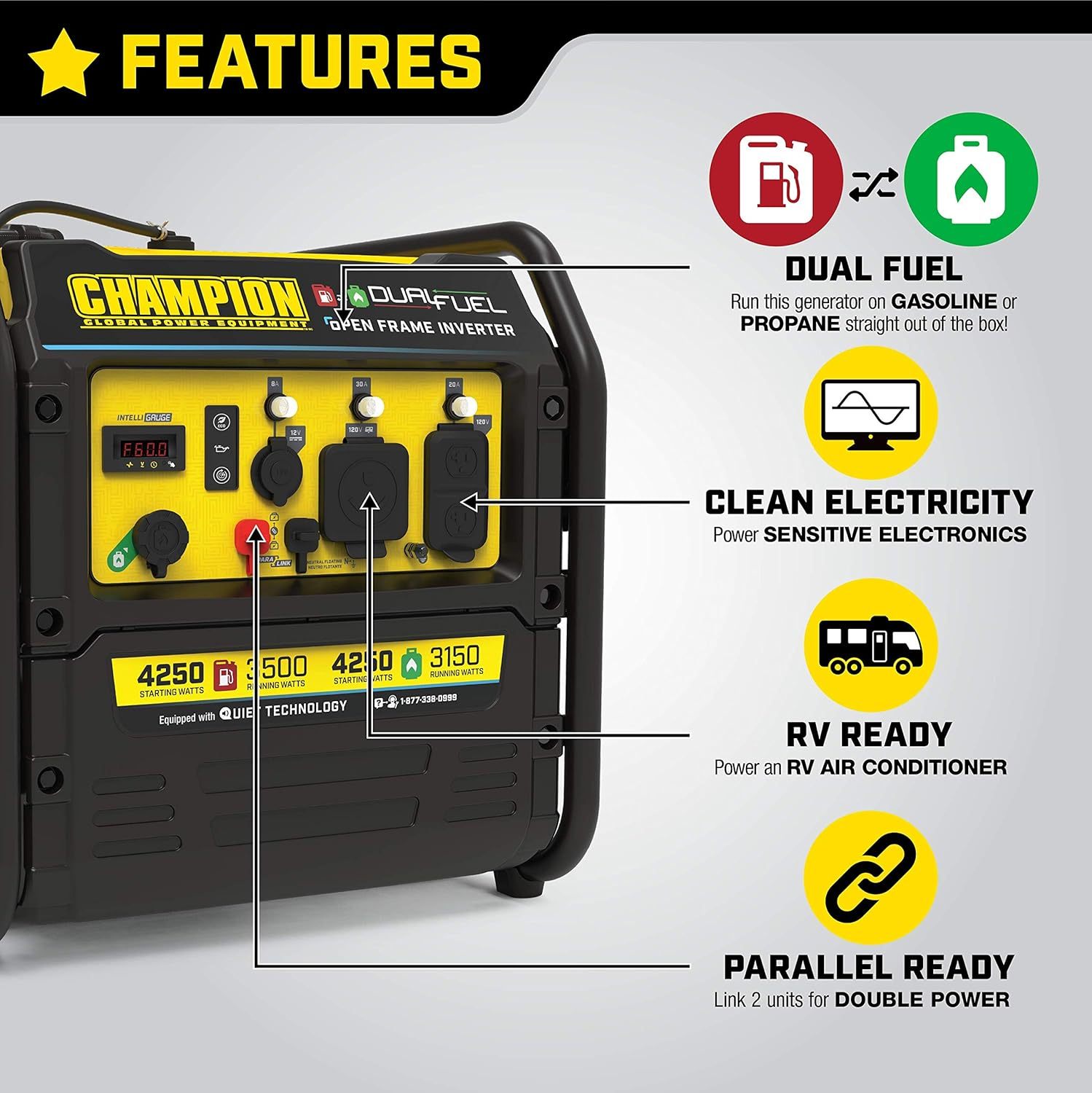 Champion Power Equipment 4250 W Dual Fuel RV Ready Portable Open Frame Inverter Generador con tecnología silenciosa